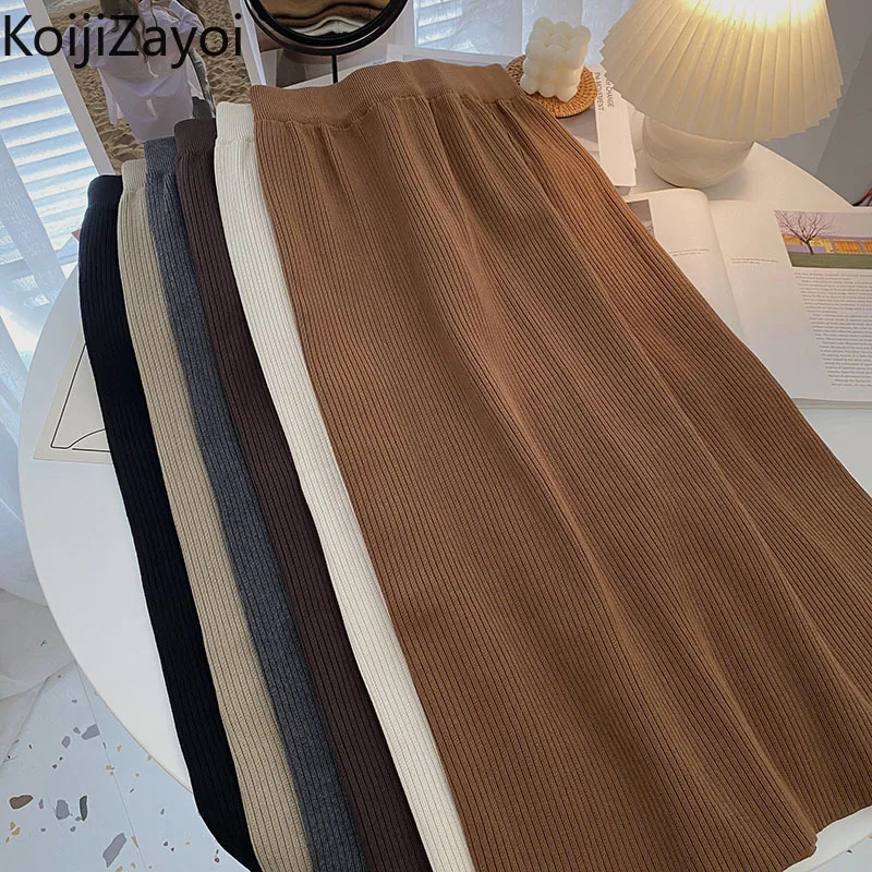 

Koijizayoi Fashion Women Solid Split Knitted Maxi Skirt Elastic High Waist Fall Winter Skirts Chic Stretchy Outwear Bottom Falda