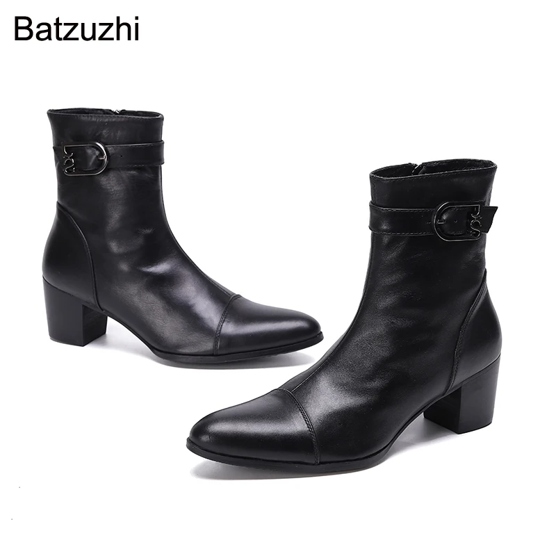 Batzuzhi 2021 Men Boots Pointed Toe Black Genuine Leather Ankle Boots Men Zip 7CM High Heels Handsome Botas Hombre Party/Wedding