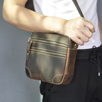 

Original Leather Male Fashion Casual Small Messenger bag cowhide Design 8" Crossbody One Shoulder bag Satchel For Men 8108-db