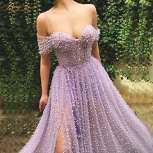 Очаровательные жемчужные фиолетовые Вечерние платья с открытыми плечами длинное вечернее платье Элегантное с боковыми рукавами открытые трапециевидные платья для выпускного вечера