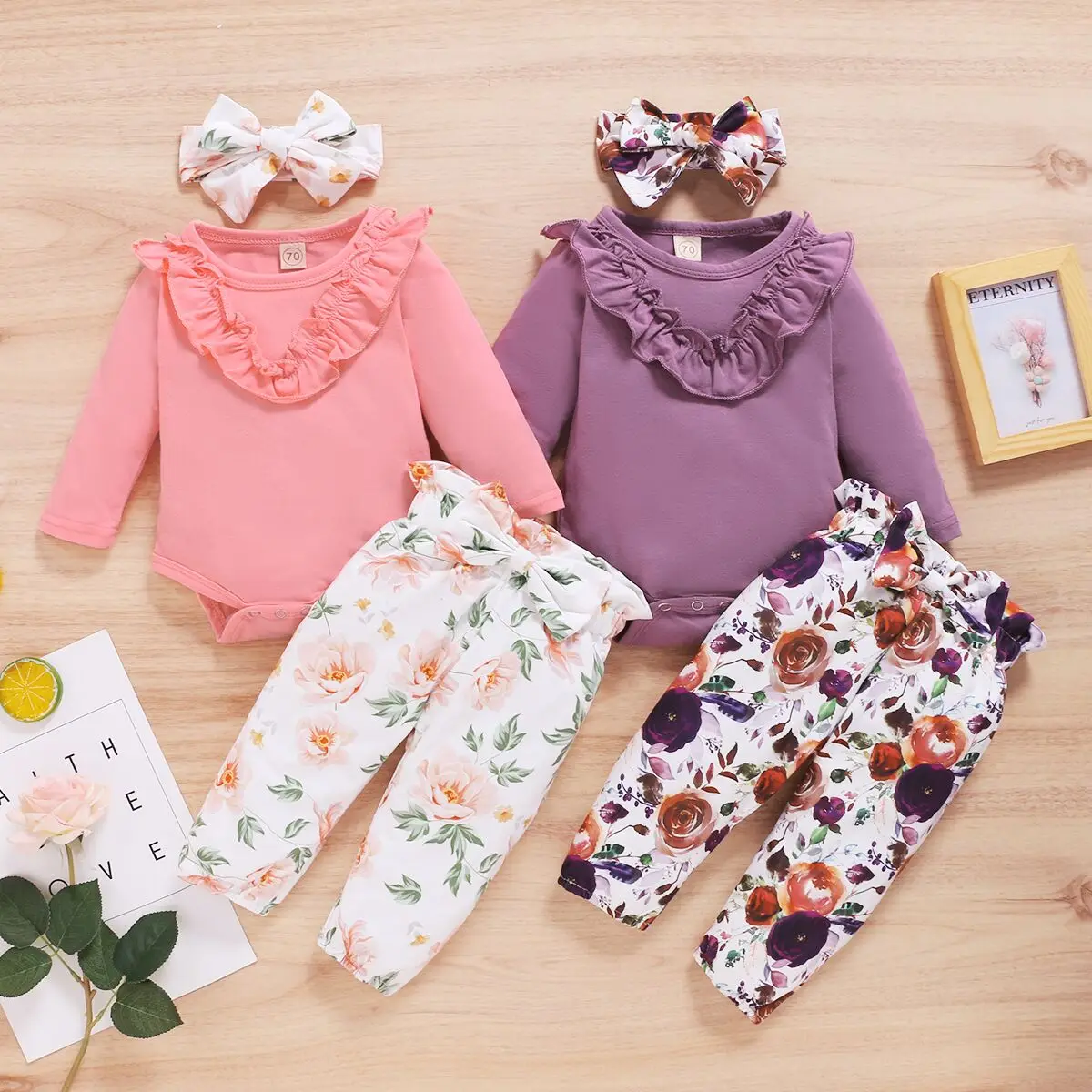 

New Born Girls Warm Suit, Solid Lace Long Sleeve Top, Flower Printing Long Pants with Hair Band 3-piece Suits