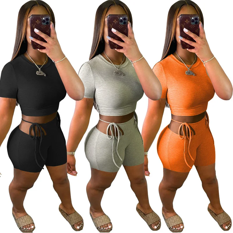 Women Solid Sexy Hollow Out 2 Two Piece Set O-Neck Short Sleeve Crop Tops Biker Shorts Casual Clothes Sporty Activewear Outfits