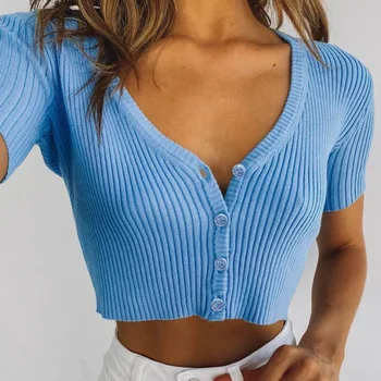 

2020 Summer Girls Simple Short T Shirts Blue V Neck Short Sleeve Fashion Buttons Tops Slim Sexy Lady Tees Real Picture New Arriv