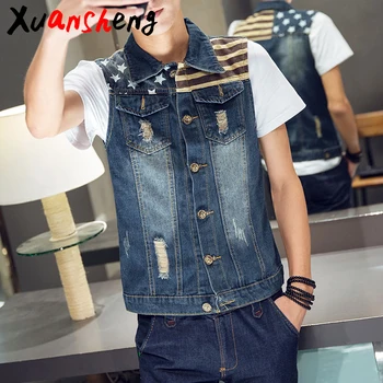 

2019 men's punk denim vest classic trend print hole denim vest slim version fashion denim sleeveless jacket men's vest top Vest