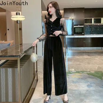 

Joinyouth 2020 Spring Velour Suits Mesh Patch Long Sleeve Pleated Short Tops + Stretch High Waist Wide Leg Pants Lady Sets 57627