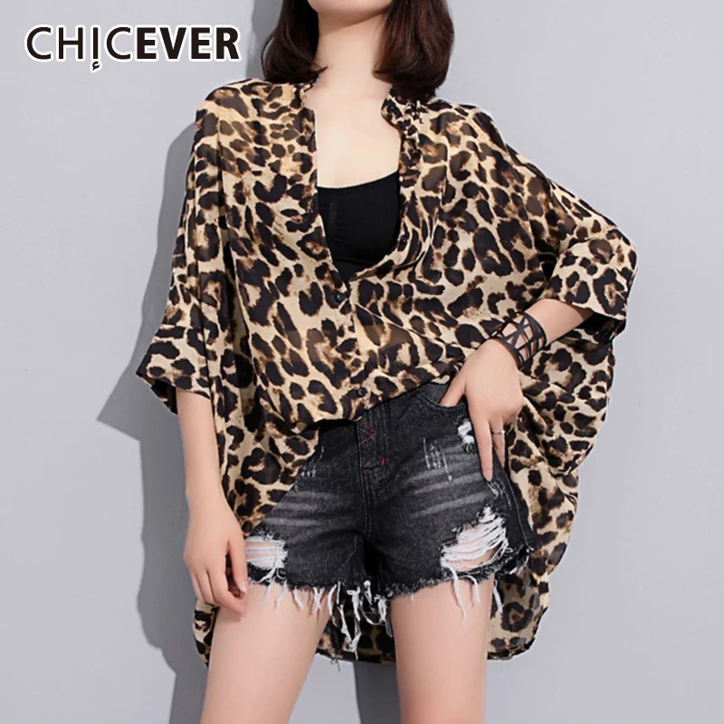CHICEVER прямая леопардовая цветная рубашка для женщин с воротником-стойкой и