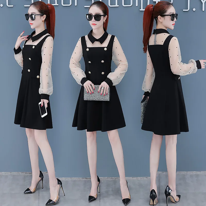 

Mock Two-Piece Dress WOMEN'S Long Sleeve 2020 Spring Clothing New Style WOMEN'S Dress Spring Short-height Fashion Western Style