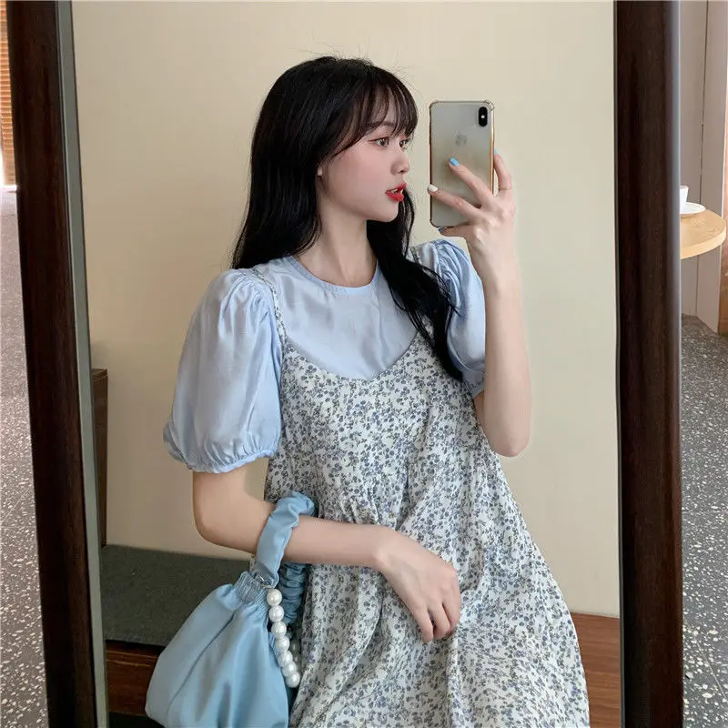 Sleeveless Dress Women Korean Style Floral Shirring Casual