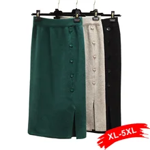 Темно-зеленые офисные женские прямые трикотажные юбки размера плюс с разрезом спереди на пуговицах, 4Xl 5Xl, женская трикотажная юбка средней длины