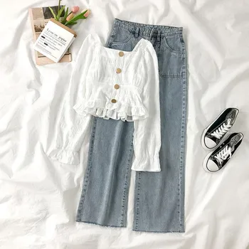 

Fashion suit female student Korean version 2020 summer new square neck long sleeve top high waist denim trousers two-piece suit