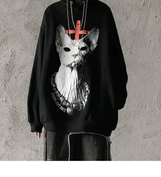

High Street Japanese Loose Cool Hoodies Casual Cat Printed Long Sleeve Streetwear Autumn Spring Male Gray White Black Tops