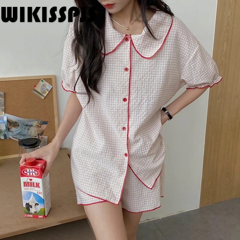 

New Plaid Doll Collar Short Sleeve Loose Cardigan Home Casual Wear Pajamas for Women Women Loungewear Pajamas for Teen Girls