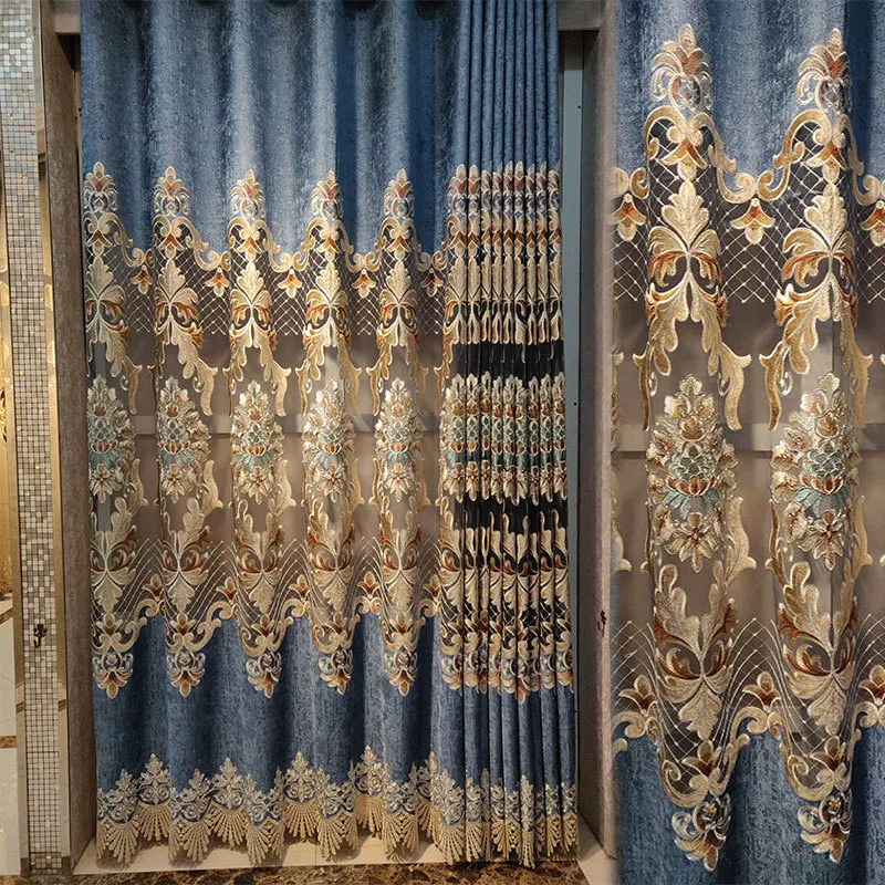 

Chenille Jacquard Blue Hollow Embroidered Curtain Living Room European