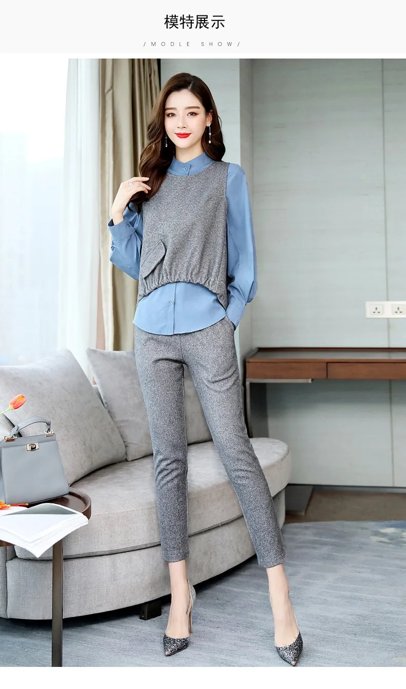 Весенние офисные комплекты из 3 предметов, женская блузка с длинными рукавами+ жилет+ брюки, комплекты, костюмы, повседневные корейские элегантные женские комплекты, Femme - Цвет: Синий
