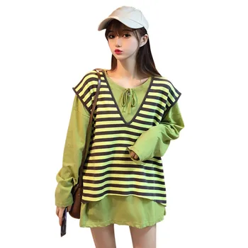 

Women Casual Solid Color Long Sleeve Simple Wild Sweater+stripes Print Vest Women Sweat Suit Sets Conjuntos De Mujer Elegante