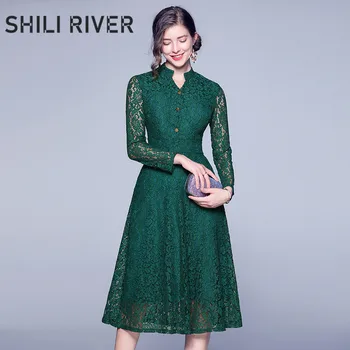 

2020 new spring autumn designer party dress for women long sleeve slim casual lace elegant V neck pleated dresses green black