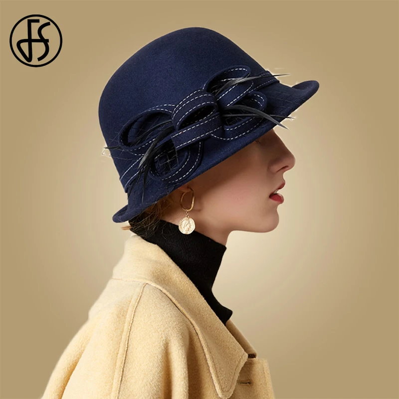 FS, женские зимние теплые шапки из котелок из шерсти, элегантные черные, красные, темно-синие вечерние фетровые шапки, женские модные шапки с цветочным принтом, осенние шапки