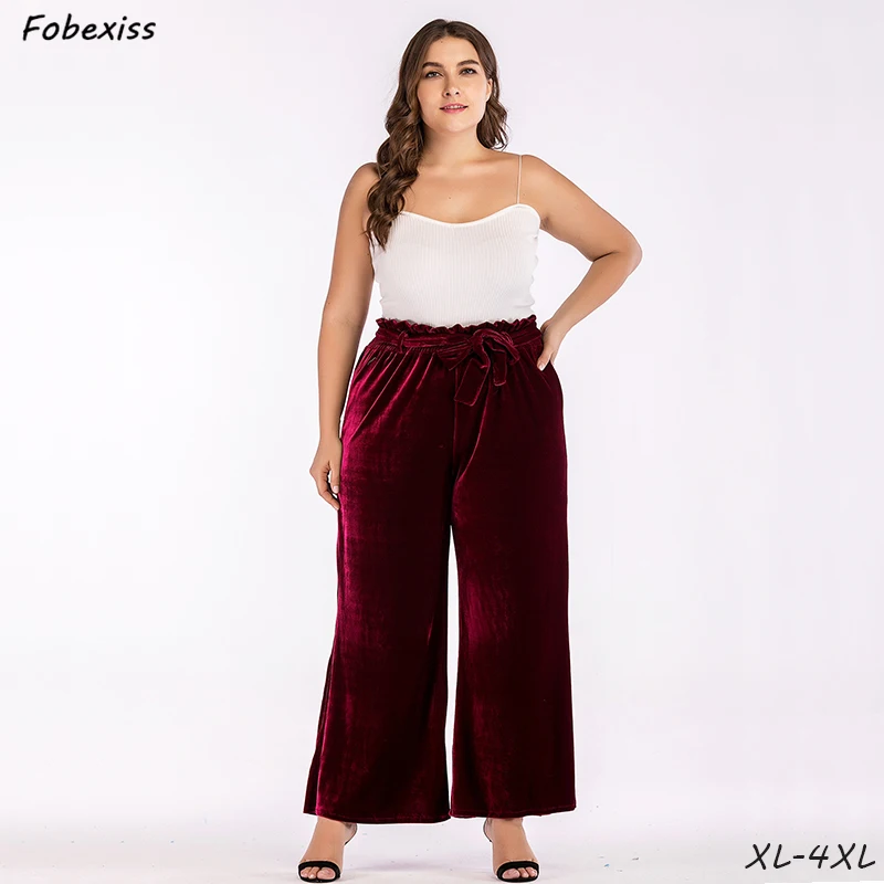 

Red Velvet Wide Leg Pants Woman Plus Size 4XL Belted Long Pants Elastic Waist Loose Trousers 2019 Autumn Spring New Pants Woman