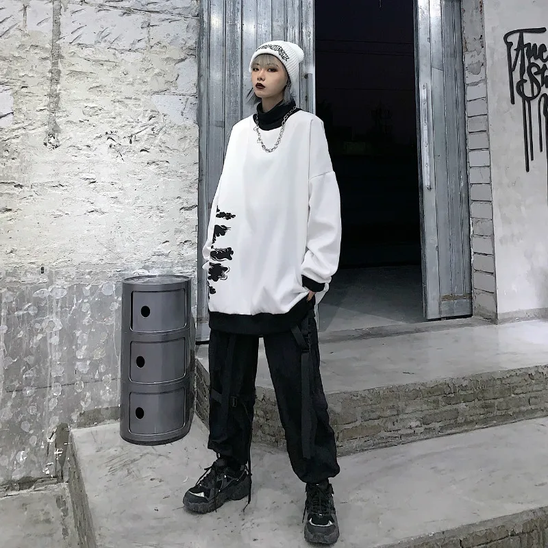 Уличная одежда больших размеров для женщин Harajuku граффити Графический контрастный принт Толстовка пуловер с капюшоном водолазка теплый флисовый Топ корейский