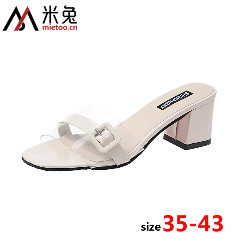 

2019 Korean-style Large Size Slipper Semi-high Heeled Women's Summer Transparent PVC Fashion Outer Wear Sandals Versatile Sandal