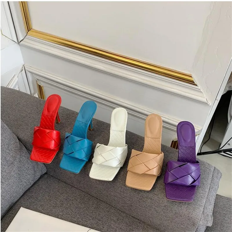 

New Brand Design Women Slipper 2020 Summer Square Toe High Heel Ladies Sandal Weave High Quality Dress Shoes Slides