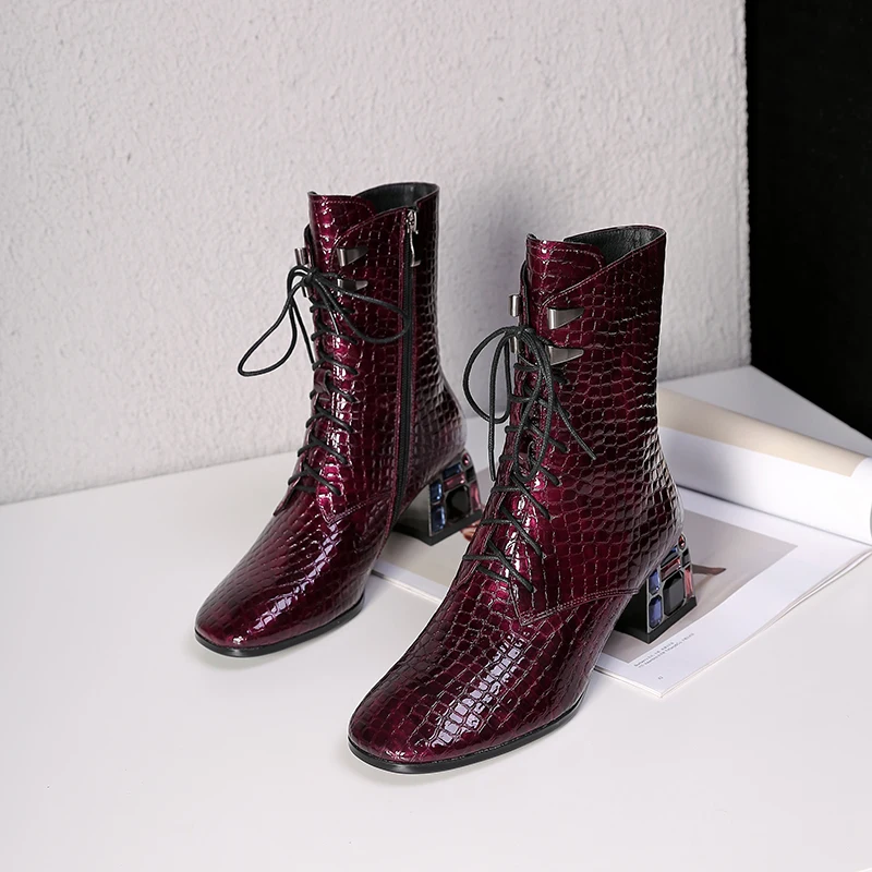 Женские ботильоны из натуральной кожи; сезон осень-зима; модельные вечерние туфли на высоком каблуке со шнуровкой; женская обувь; большие размеры 42-43