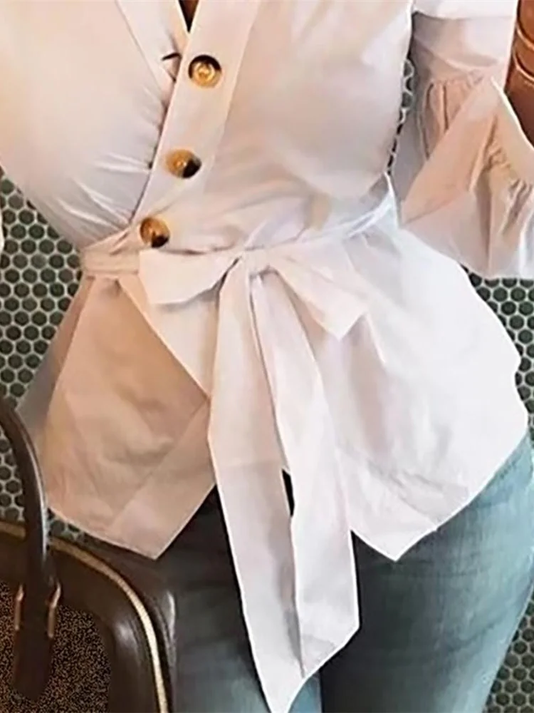 Украшенные пуговицами; цвет свободного покроя Обёрточная бумага Фонари рубашка с манжетами Для женщин элегантная белая Повседневная Блузка