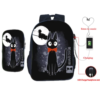 

Cute Kiki's Delivery Service USB Backpack Boys Girls Primary Schoolbag Student Bookbag Teens Rucksack(2pcs Set/backpack+pen Bag)