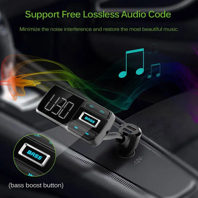 BT77D беспроводной Bluetooth fm-передатчик модулятор с сабвуфером Hands-free автомобильный комплект mp3-плеер с 5 В 3.1A двойной USB зарядное устройство