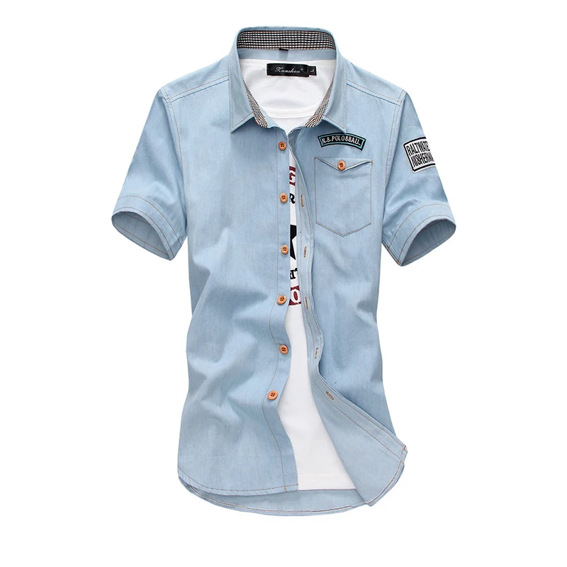Light blue Повседневная рубашка, хлопок, мужские рубашки, 1 шт., корейский стиль, короткий рукав, s, джинсовая рубашка, Мужская джинсовая с коротким рукавом, хлопок, топ, Повседневная рубашка s - Цвет: Light blue