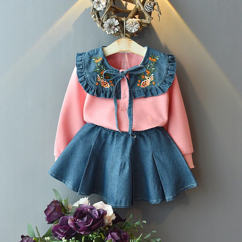 

2019 Girls Korean-style Set Flower Embroidered Peter Pan Collar Cowboy Joint Hoodie And Denim Skirt Two-Piece Set