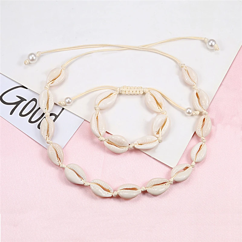 

Natural Cowrie Shells Necklace Bracelet Charn Seashell Conch Collar Choker Handmade Knot Bracelets Women Boho Beach Jewelry Set