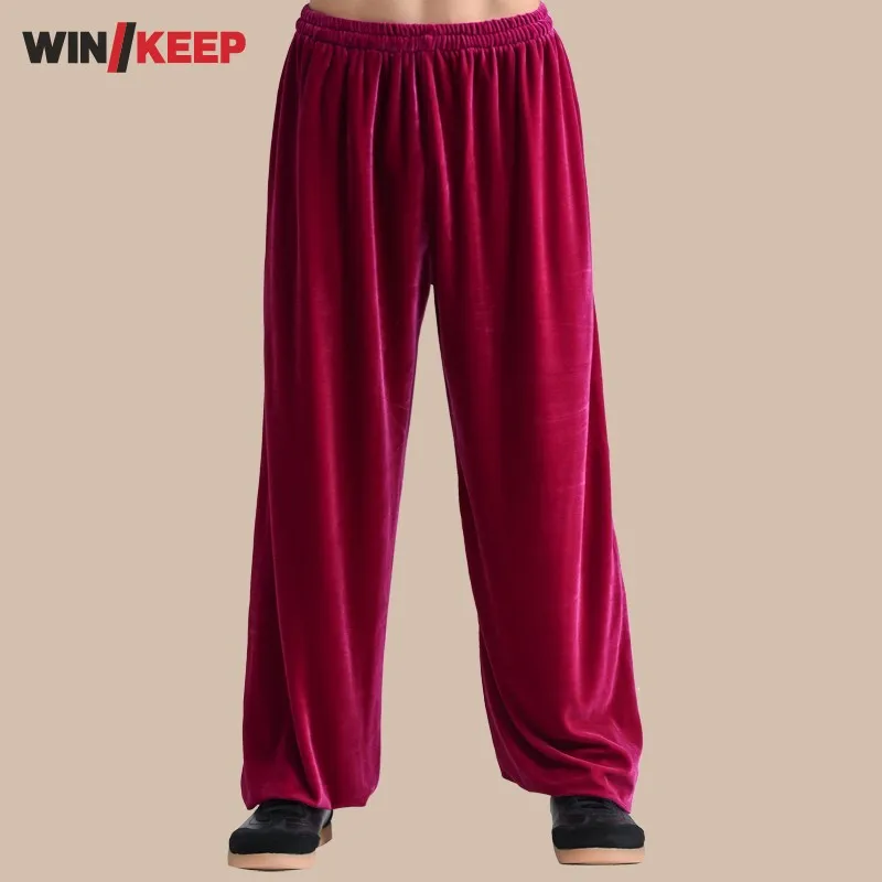 Unisex Loose Fit Velvet Kung Fu Pants Elastic Waist Wing Chun Training Long Trousers Women Men Martial Arts Tai Chi Sweatpants