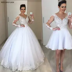 Vestido De Novia 2 в 1 свадебное платье с длинными рукавами Свадебные платья с аппликацией Кружева Свадебные платья Пышные Тюль Съемный Поезд