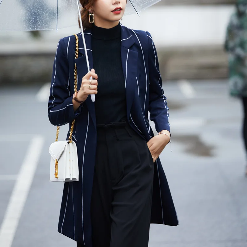 

2019 New Style Long Sleeve Suit Jacket Female Black Stripes Casual Loose-Fit Mid-length Spring And Autumn Tops Suit