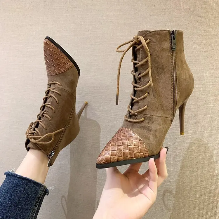 

Lace Up Boots Women New 2020 Shoes Booties Ladies Luxury Designer High Heel Rubber Pointy Ankle Rock Fashion Lace-Up Solid