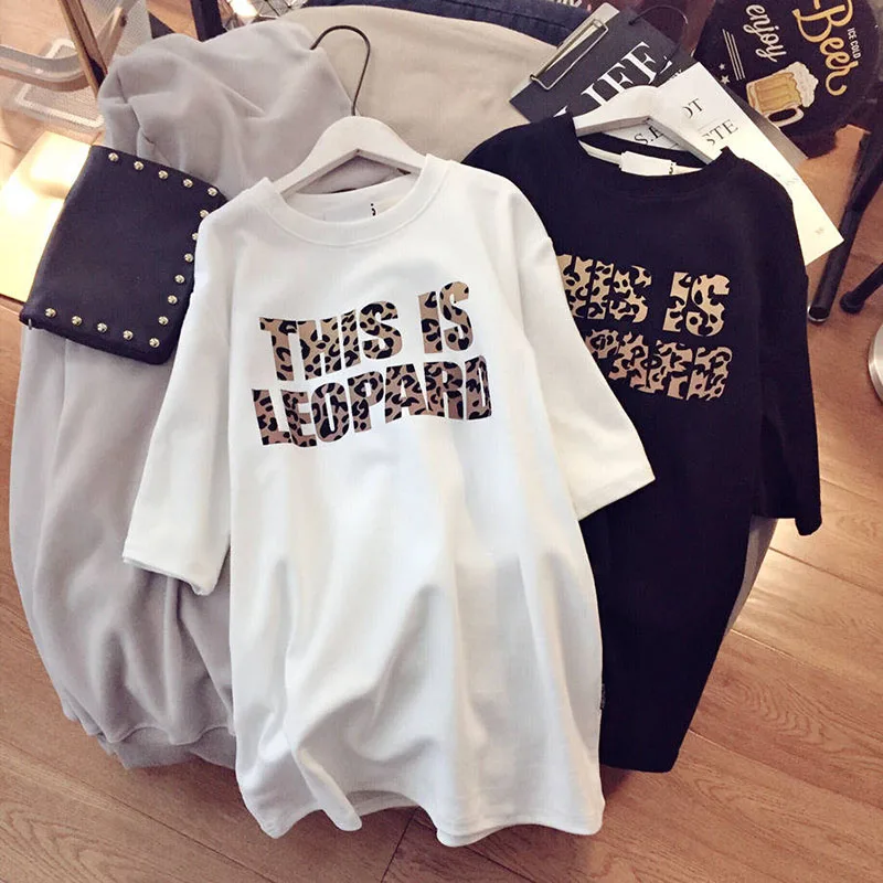 

2019 Short Sleeve Spring New Fashion Leopard Print Letters Loose T Shirt Woman Graphic Tees Women Ulzzang Streetwear