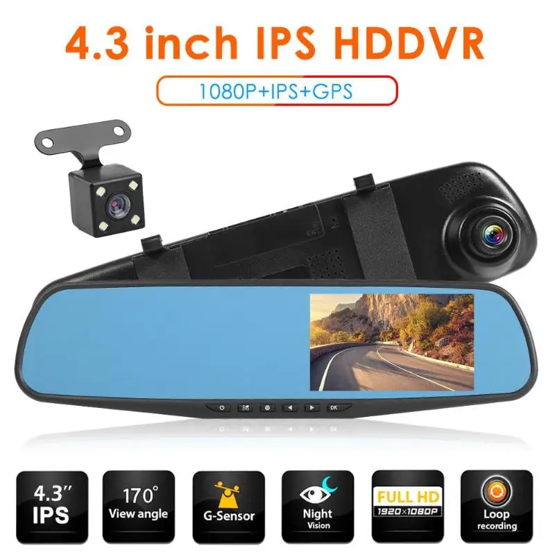 1080p Dash Cam DVR Автомобильная камера рекордер зеркало 4,3 дюймов ips 480X800 двойной объектив зеркало заднего вида приборная панель камера двойная запись