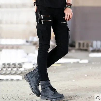 Men's Jeans Green Denim Biker Jeans Skinny New Runway Distressed Slim Elastic Homme Hip Hop Military Motorcycle Cargo Pants black