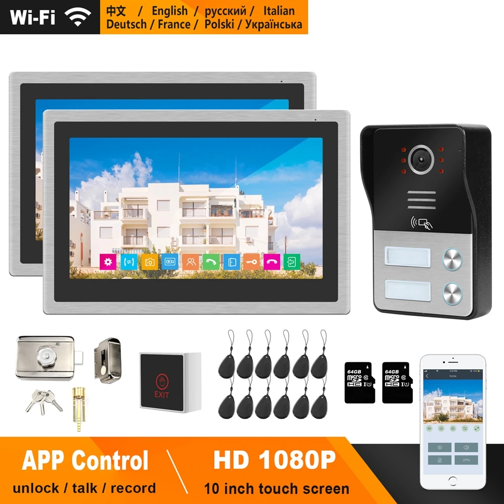 HomeFong WiFi Intercom Wireless Video Door Phone for Apartment 2 Monitor 10 inch Touch Screen 1080P Doorbell Smart Phone Control
