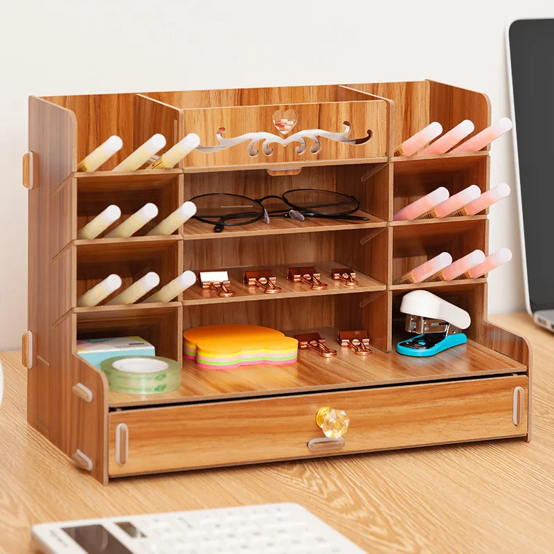 

Wood Pen Container Creative Students Stationery Storage Box Desktop Ornaments Office Pencil Case Children Pencil Canister File H