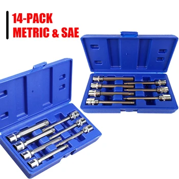 

14pcs Extra Long Metric Hex Bit Socket Set With Organizer Box Chrome Vanadium Steel Sockets Hex Allen Bit Socket Car Repair Tool