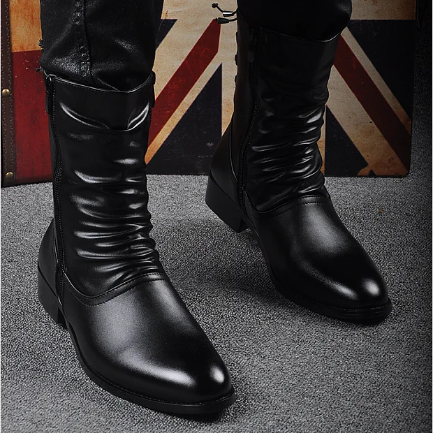 Mens Leather Boots Idopy Spring Autumn Men Pointed Toe Lace Faux Leather Boots Male Punk Leather High Heels Shoes Zipper Booties