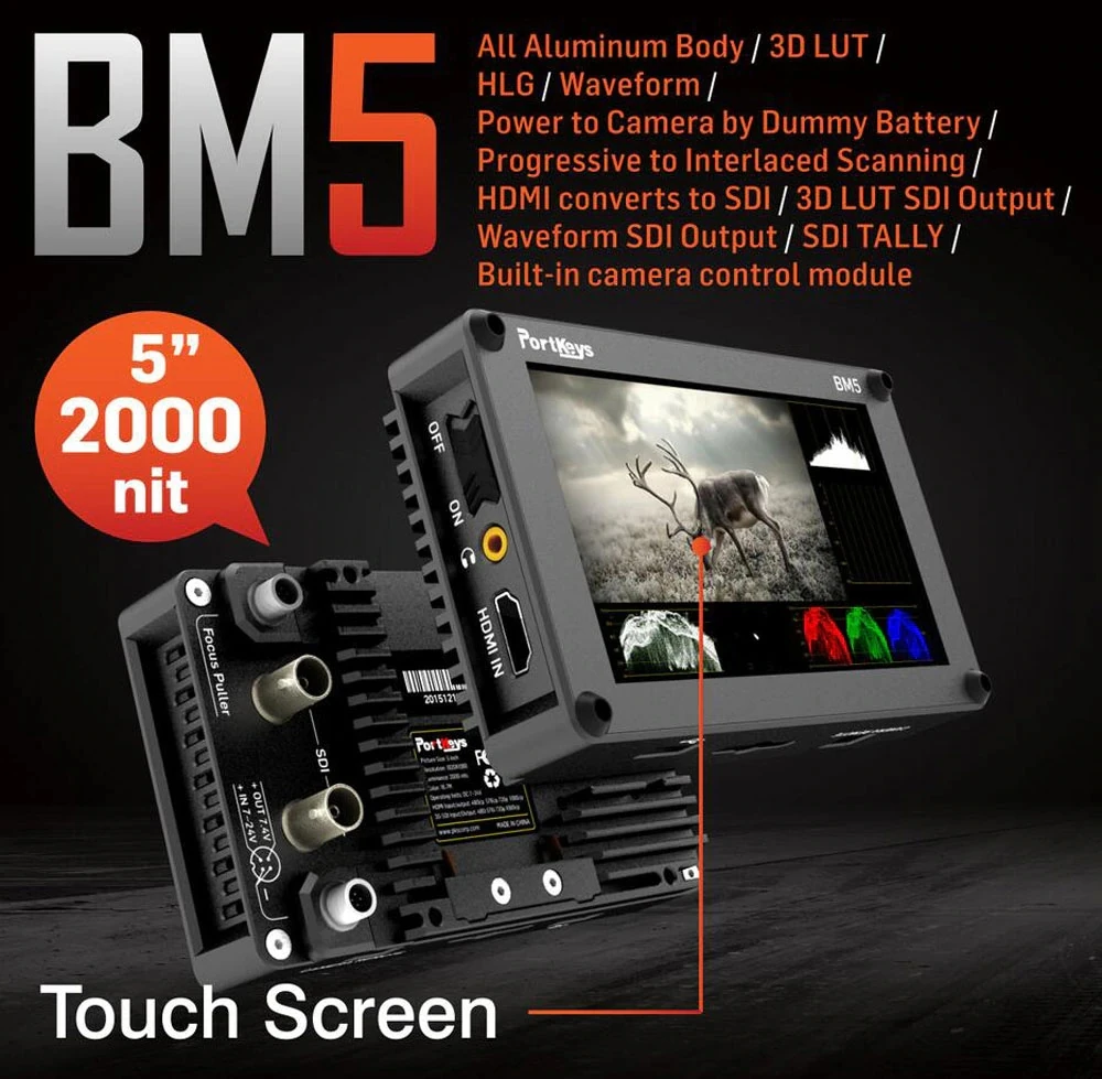 Portkeys BM5 3G-SDI/HDMI вход 2000nit сенсорный экран 3D-LUT алюминиевый корпус на камере DSLR монитор с кабелем управления