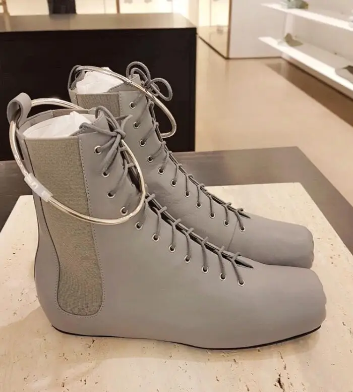 Mental Ring Women Ankle Boots Fashion Square Toe Lace Up Women Genuine Leather Shoes For Winter Boots Shoes Causal Shoes Woman