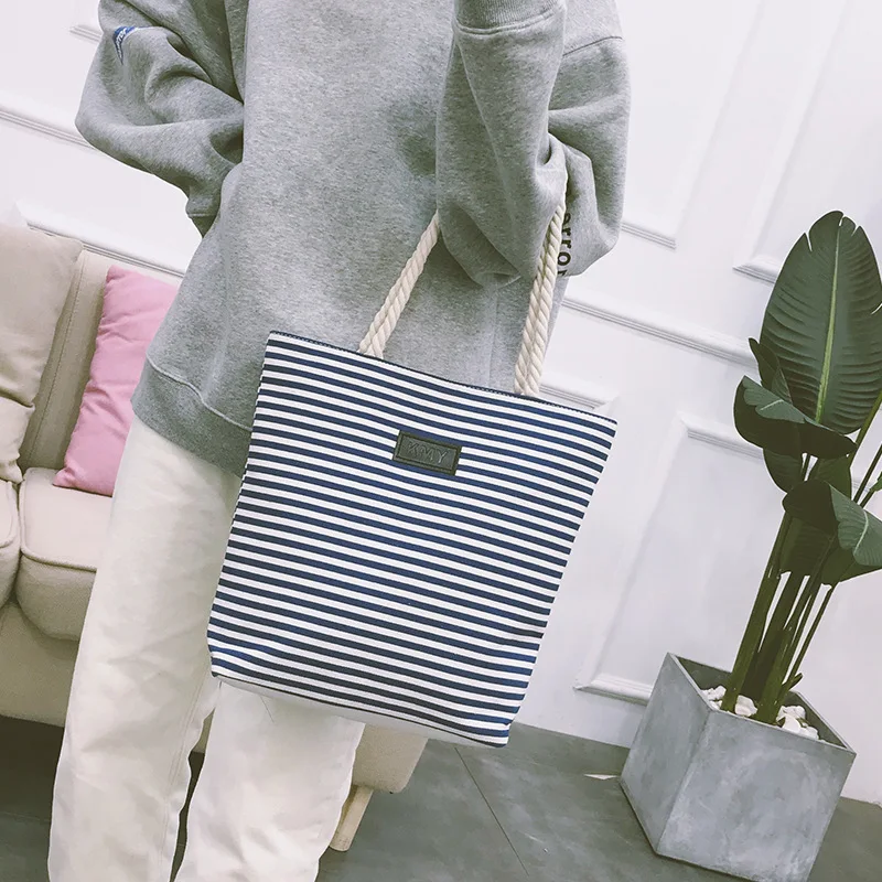 

2019 New Style Fashion Stripes WOMEN'S Bag Single-shoulder Canvas Bag Large Capacity Simple Versatile Portable Bag Processing Cu