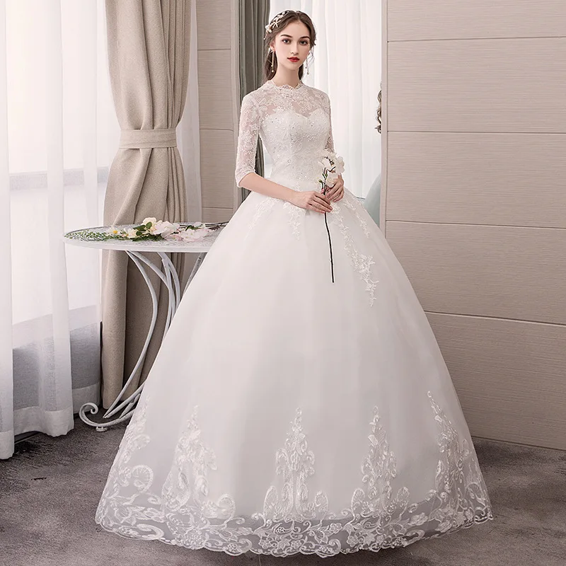 Кружевное платье невесты с цветочным рисунком и высоким воротом, бальное платье с рукавом до локтя, vestidos De Novia, модные простые свадебные платья, настоящая фотография