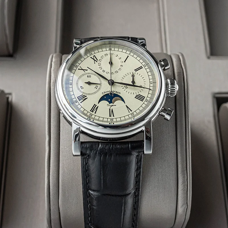 Мужские Sugess Хронограф механические Moonphase мужские наручные часы сапфировые