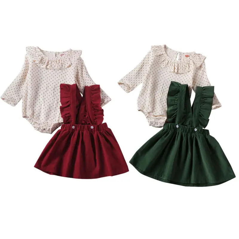 

Toddler Girl Clothes Infant Baby Girls Kid Ruffles Dotted Doll collar Long Sleeve Bodysuit + Strap Dress Outfit 2 Piece Sets