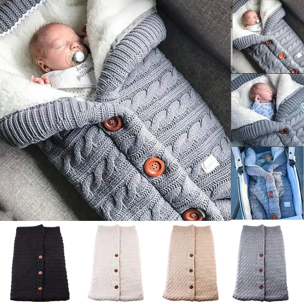 Зимние теплые спальные мешки для новорожденных, вязаные пеленки с пуговицами для завёртывания для пеленания, коляска, обертывание, одеяло для сна, сумки